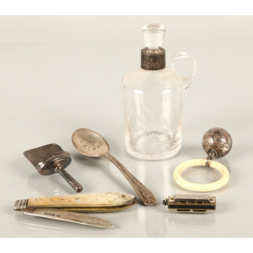 208 - Assortment of items to include silver rimmed glass bottle, a mother of pearl and silver fruit knife ... 