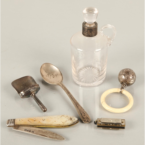 208 - Assortment of items to include silver rimmed glass bottle, a mother of pearl and silver fruit knife ... 