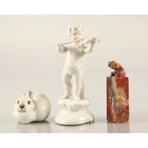 210 - Lomonosov USSR Russian porcelain rabbit, an Oriental soapstone seal, and a continental porcelain put... 