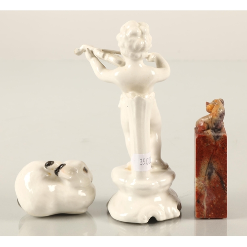 210 - Lomonosov USSR Russian porcelain rabbit, an Oriental soapstone seal, and a continental porcelain put... 