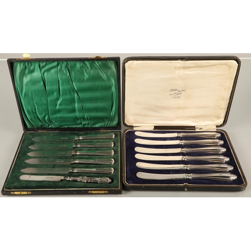 212 - Cased set of six silver butter knives, Sheffield 1920, a cased set of five silver handled knives, an... 