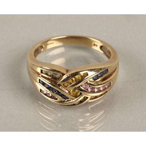 117 - 9ct gold ring channel set with multi coloured gems, ring size T/U, 5.7g