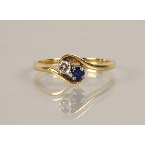 121 - 18ct gold ring, toi et moi set with a diamond and sapphire, ring size U, 3.5g