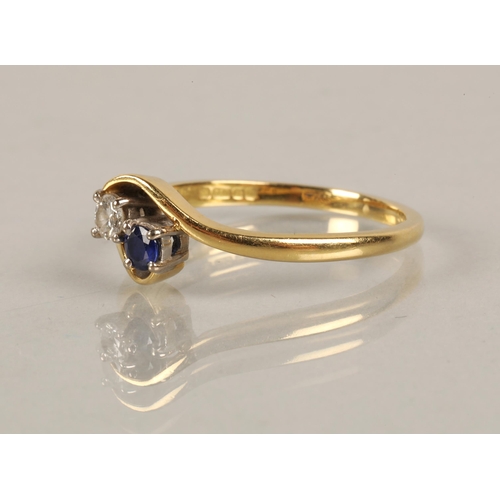 121 - 18ct gold ring, toi et moi set with a diamond and sapphire, ring size U, 3.5g