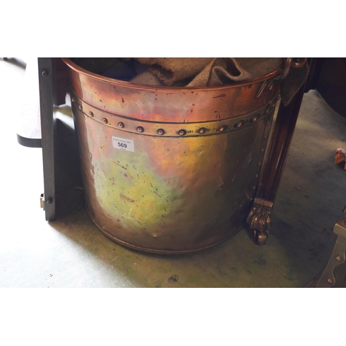 569 - Copper and brass studded coal bucket.