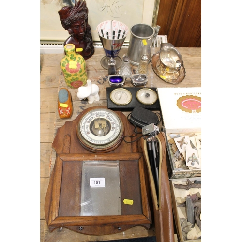 101 - Oak framed hall rack with mirror and barometer, an Indonesian carved wood bust, Elephant pie whistle... 