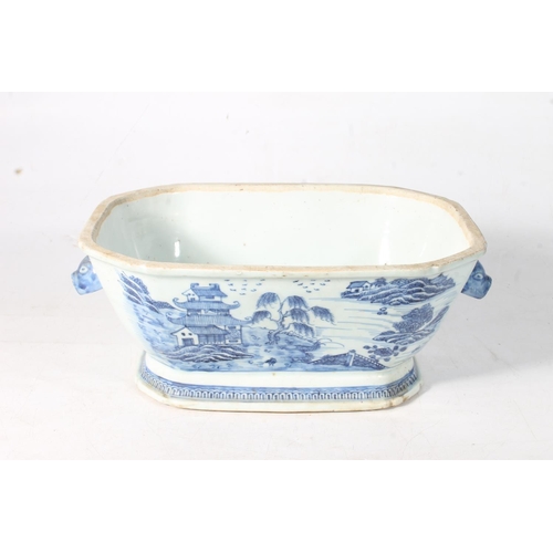 111 - Antique Oriental style willow pattern blue and white porcelain tureen with animal head handles. ... 