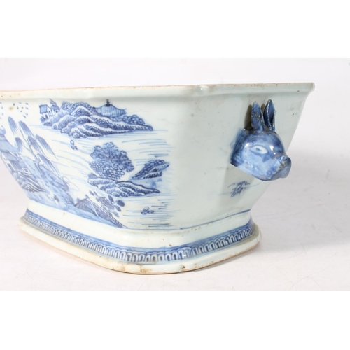 111 - Antique Oriental style willow pattern blue and white porcelain tureen with animal head handles. ... 