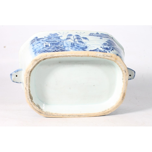 111 - Antique Oriental style willow pattern blue and white porcelain tureen with animal head handles. ... 