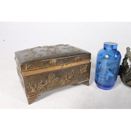 112 - Peking style blue glass interior painted scent bottle, an Oriental Komai style metal box with applie... 