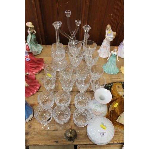 121 - Glassware to include a Nachtmann four light candelabrum, a pair of Royal Doulton glass candlesticks,... 