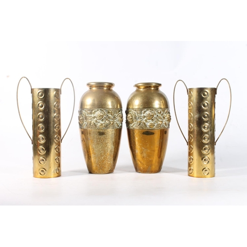 16 - Pair of brass vases embossed with roses and one other pair of metal vases, max H22cm.