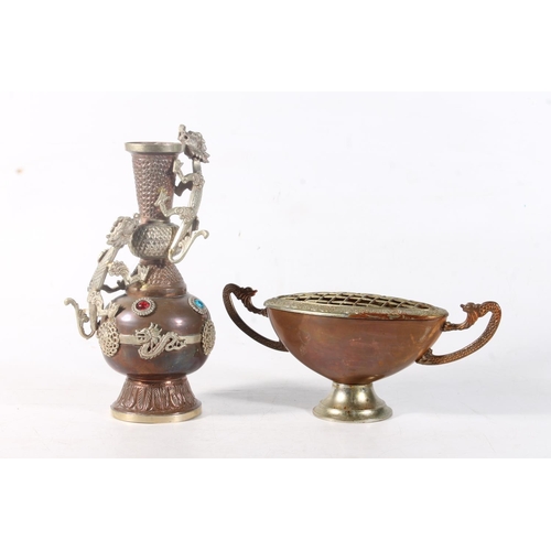 17 - Oriental style brass vase with applied pewter dragons together with one other brass vase.