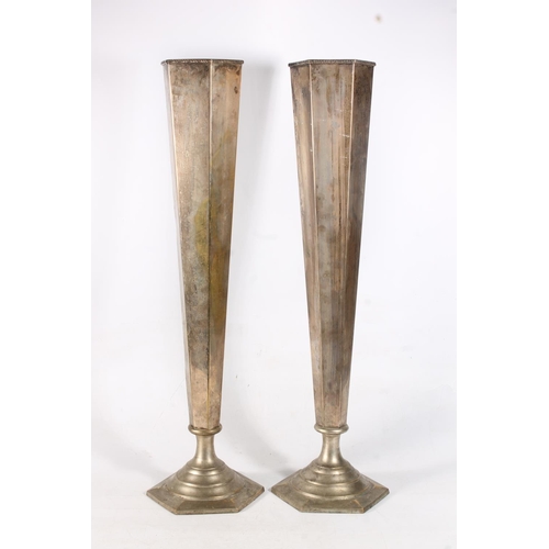 25 - Large pair of hexagonal silver plated vases, max H73cm.