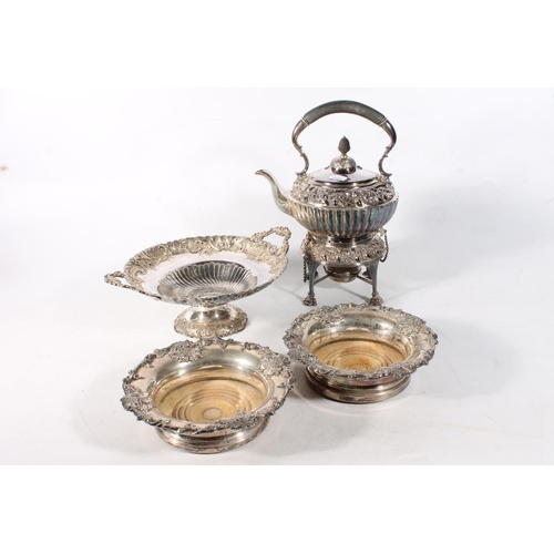 33 - Silver plated spirit kettle, silver plated comport and pair of bottle coasters.