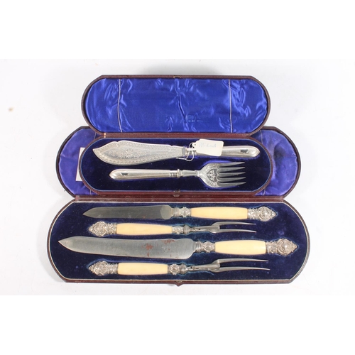 5 - Victorian carving set together with silver plated fish servers.