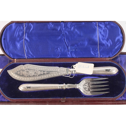 5 - Victorian carving set together with silver plated fish servers.