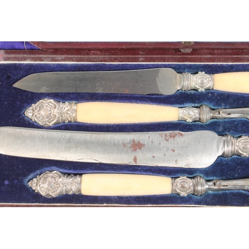 5 - Victorian carving set together with silver plated fish servers.