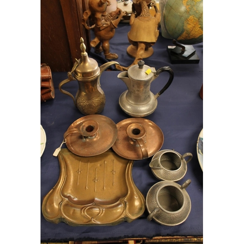 52 - Pair of copper chambersticks, brass crumb tray, Saudi coffee pot and pewter tea service.