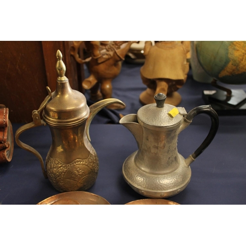 52 - Pair of copper chambersticks, brass crumb tray, Saudi coffee pot and pewter tea service.