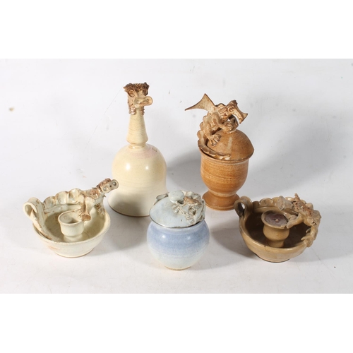 78 - Studio Pottery Dragon Pottery to include a bell, ajar with cover, a chalice with cover and two chamb... 