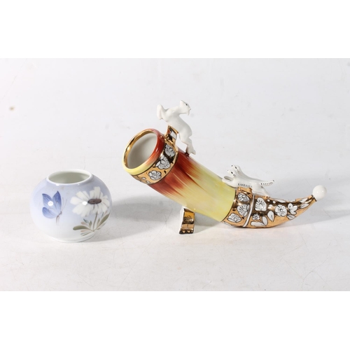 88 - Kiev porcelain Russian hunting horn with leaping deer and a Royal Copenhagen Butterfly and Daisy glo... 