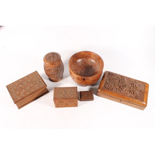 9 - Oriental chip carved boxes together with a fruitwood bowl.