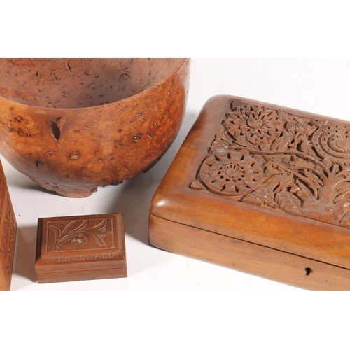 9 - Oriental chip carved boxes together with a fruitwood bowl.