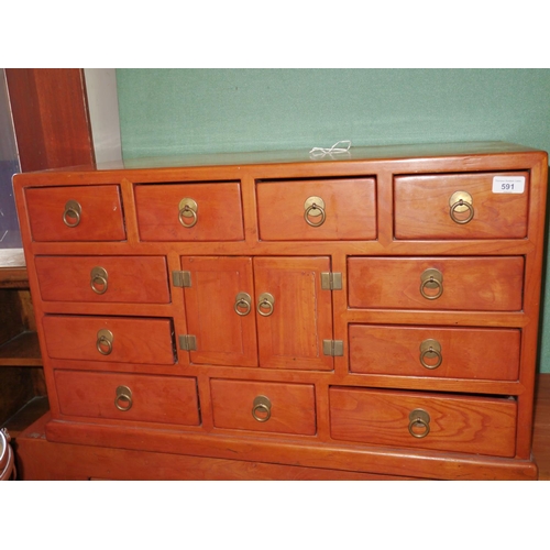 591 - Small Chinese hardwood bank of drawers with central compartment, W80cm.