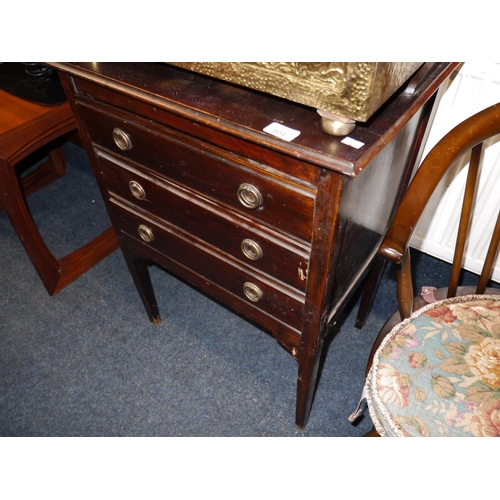 604 - Edwardian three drawer side cabinet, H73cm.