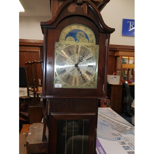 620 - Mahogany long case clock, H200cm.