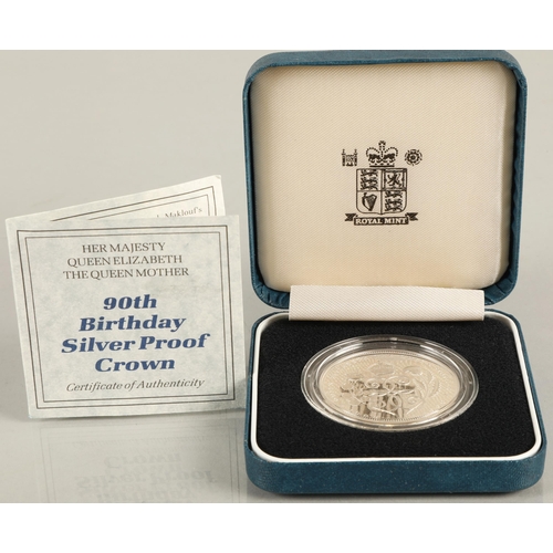 133 - Queen Mother 80th Birthday Proof Commemorative Coin, Queen Mother 90th Birthday Silver Proof Crown &... 