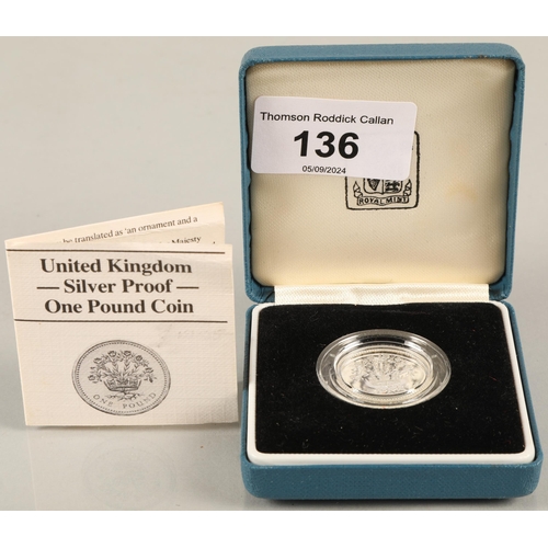 136 - Three British silver proof one pound coins dated 1983, 1986 & 1988