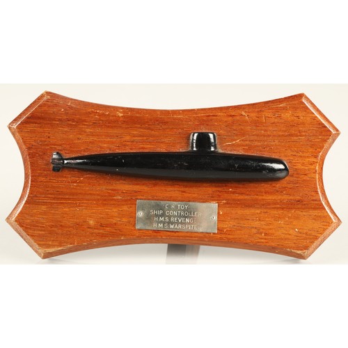 193 - Wooden plaque depicting a submarine and engraved 'C. R. Toy, Ship Controller, HMS Revenge, HMS Warsp... 