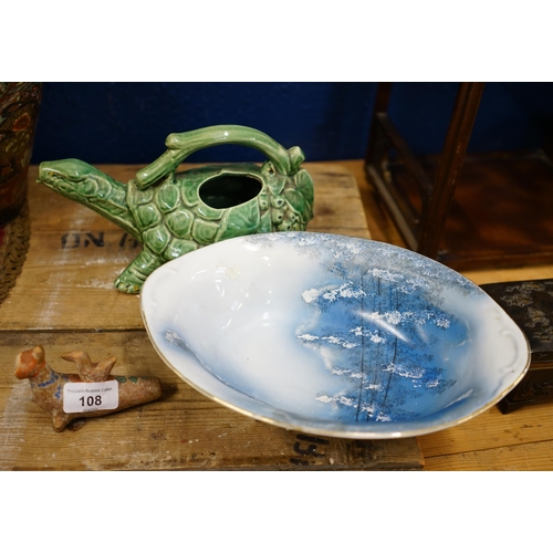 108 - An unusual Oriental green ceramic teapot in the form of a turtle, a Japanese bowl and a South Americ... 