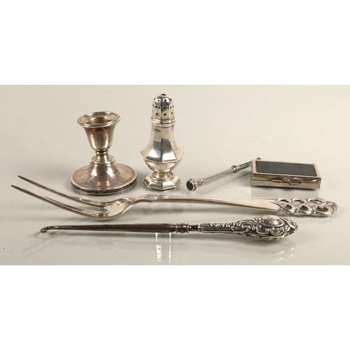 46 - David Andersen Norway white metal meat fork, assorted hallmarked silver including candle stick cruet... 