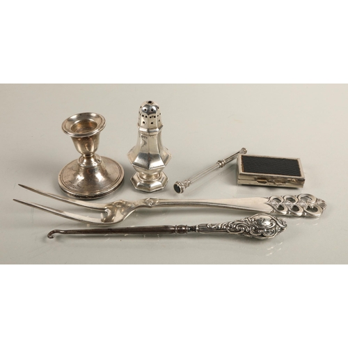 46 - David Andersen Norway white metal meat fork, assorted hallmarked silver including candle stick cruet... 