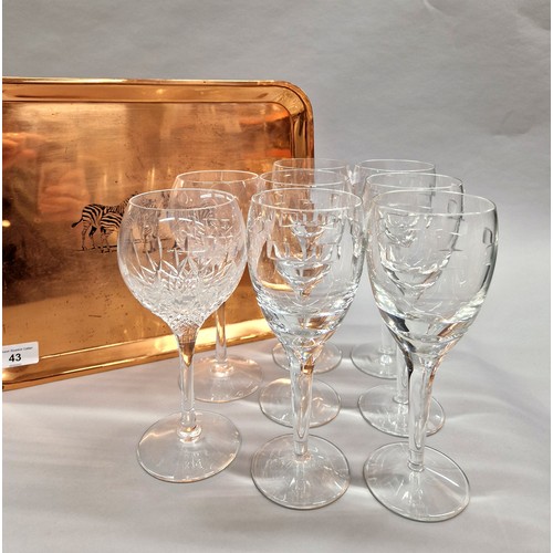 43 - Six Waterford Crystal glasses and two other with a copper toned zebra tray