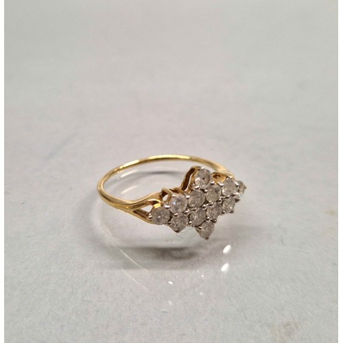 50 - 9ct gold ring set with a cluster of 12 diamonds, ring size Q/R, 2.1g