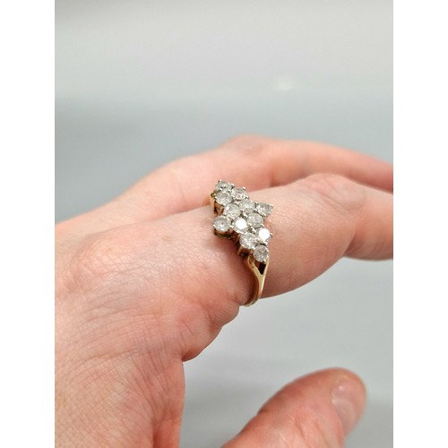 50 - 9ct gold ring set with a cluster of 12 diamonds, ring size Q/R, 2.1g