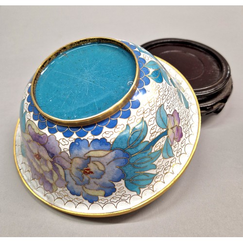 218 - Zi Jin Cheng 20th century cloisonne vase and a cloisonne bowl, both with wooden stands