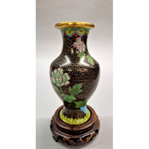 218 - Zi Jin Cheng 20th century cloisonne vase and a cloisonne bowl, both with wooden stands