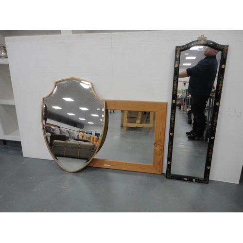 106 - Shield-shaped mirror, painted mirror and a modern pine-framed mirror.  (3)