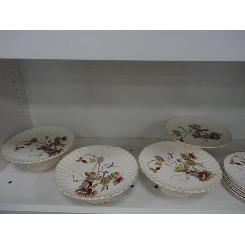 107 - Colclough and other part tea sets, part fruit set, ashets, tureen, plates etc (three shelves).