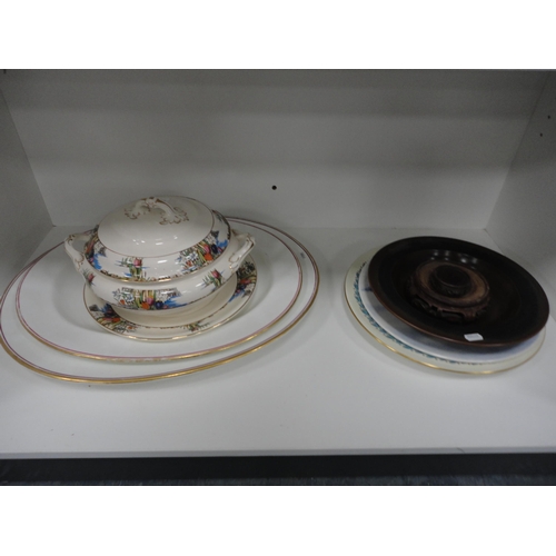 107 - Colclough and other part tea sets, part fruit set, ashets, tureen, plates etc (three shelves).