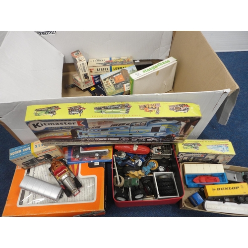 13 - Carton containing model vehicles, parts, Kitmaster plastic model of a train, boxed Airfix kits etc.