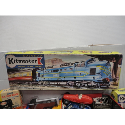 13 - Carton containing model vehicles, parts, Kitmaster plastic model of a train, boxed Airfix kits etc.