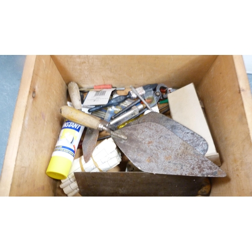 183 - Two wooden crates containing Gipron roller skates, also tools, chisels etc., and another empty crate... 