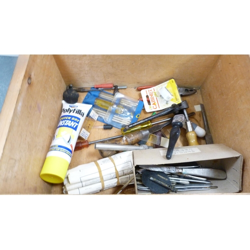 183 - Two wooden crates containing Gipron roller skates, also tools, chisels etc., and another empty crate... 