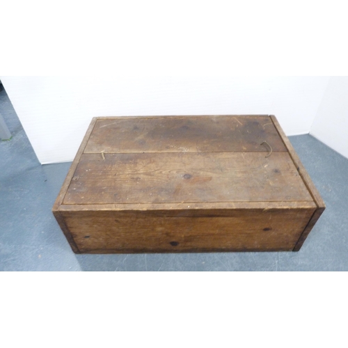 183 - Two wooden crates containing Gipron roller skates, also tools, chisels etc., and another empty crate... 